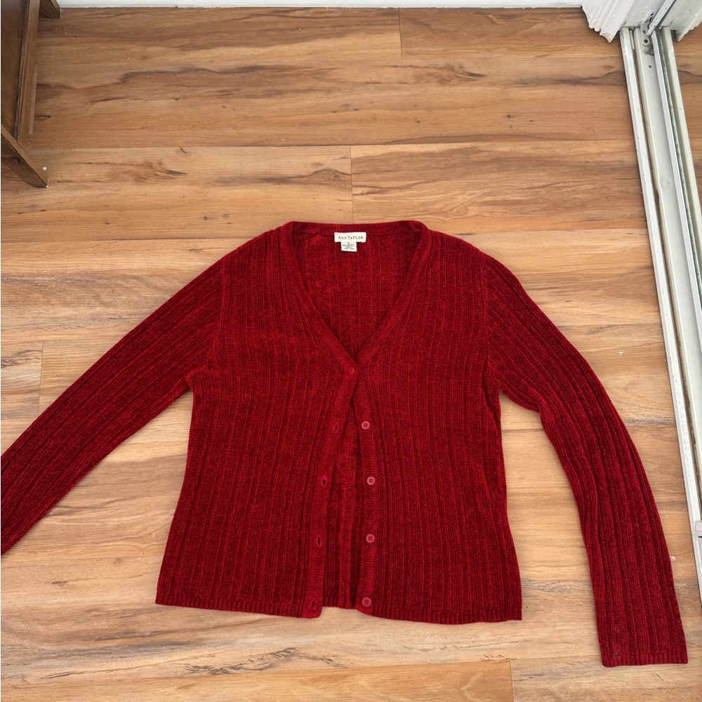 Ann Taylor Deep Red V-Neck Cardigan